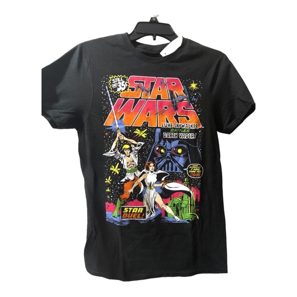 Star Wars Luke Skywalker battles Darth‎ Vader graphic print black t-shirt size S - Picture 1 of 16